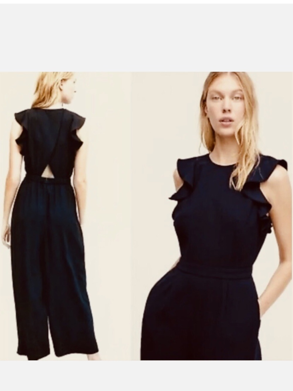 J. Crew Black Ruffle-Sleeve Wide-Leg Jumpsuit, Size 4